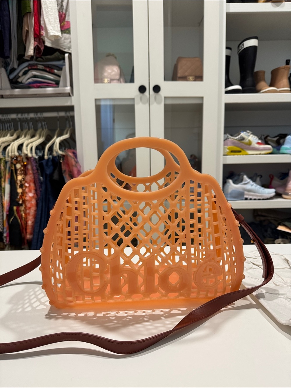 Peach Jelly Logo Tote with Brown Strap